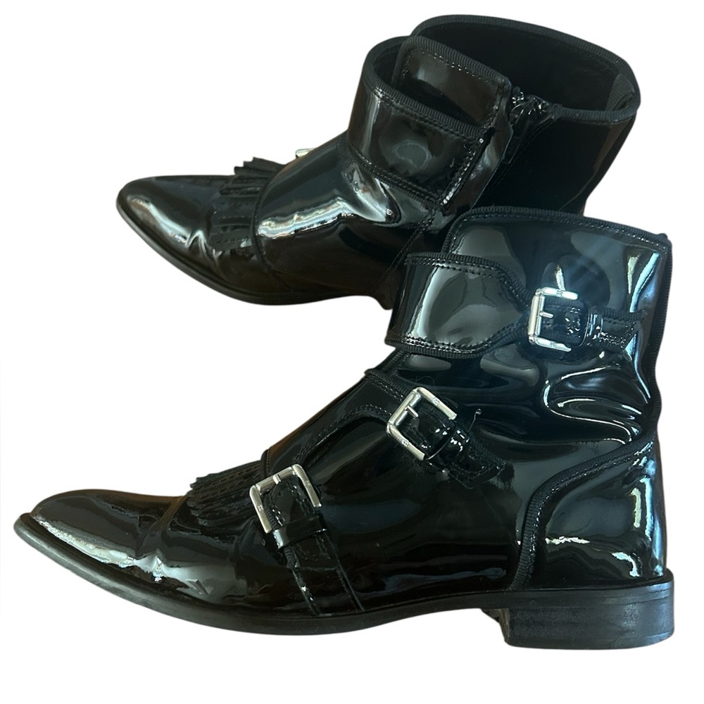 Massimo Dutti Black Patent Leather Pointed Buckle Boots EU 37